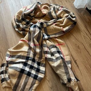 Burberry Tan and Black Checkered Scarf With Burberry Logo Watermarks
